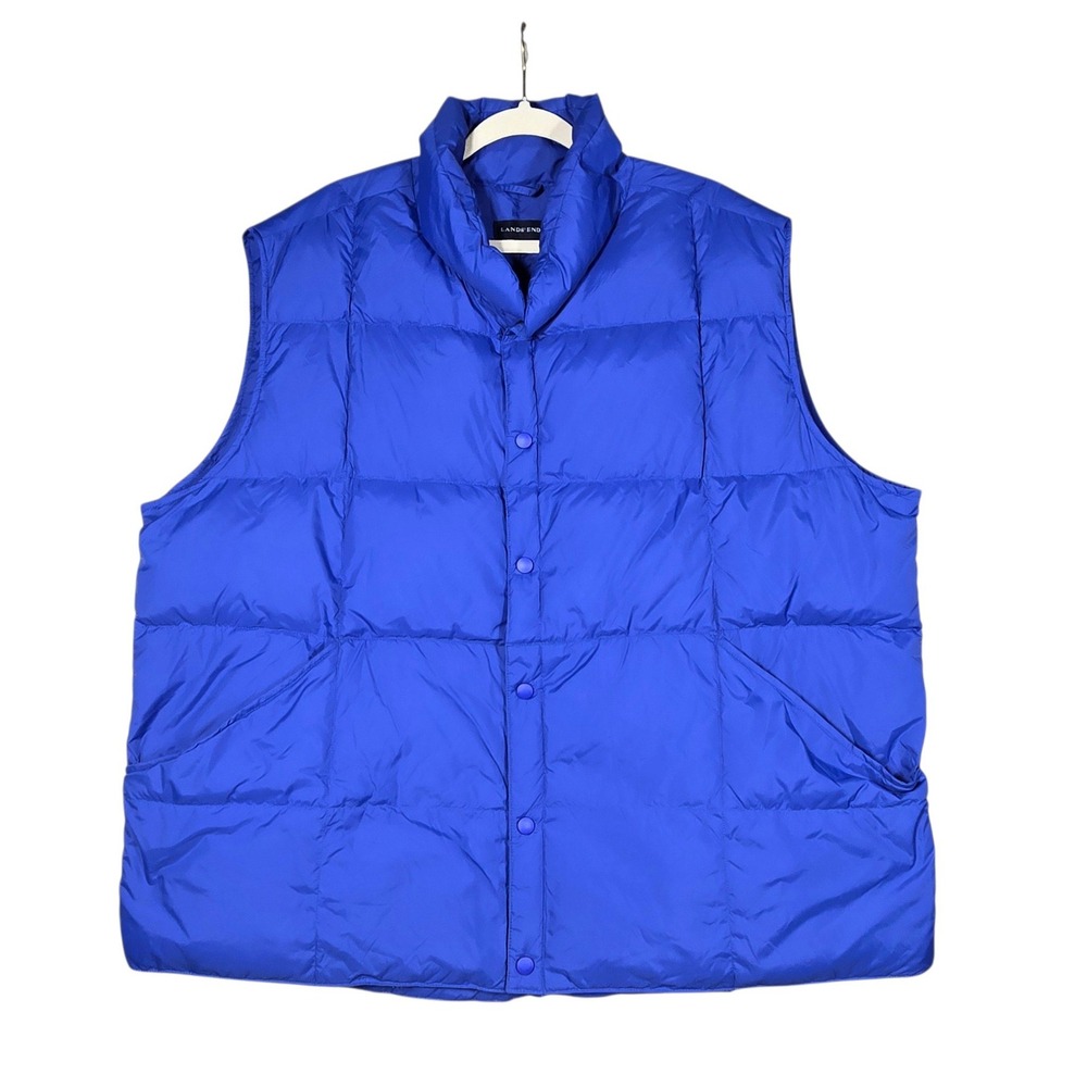 Lands End Goose Down Puffer Vest Mens XXL Royal Blue Nylon Snap Front Quilted